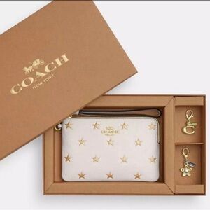 Coach white glitter star wristlet gift box set with two charms NWT $148 retail